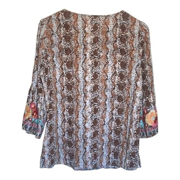 Savanna Jane Womens Embroidered Boho Tunic Top Size S Brown Floral Snake Print - Picture 2 of 8